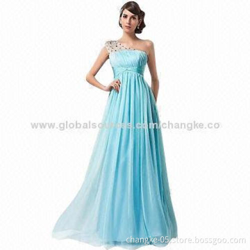 Evening dress, single shoulder, sheer lace with beads